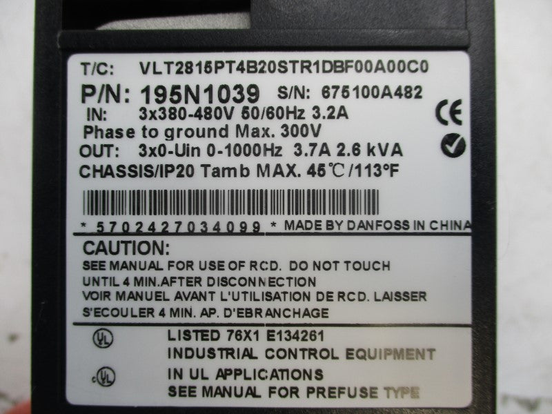 DANFOSS 195N1039 VLT2815PT4B20STR1DBF00A00C0 300V 3.7A NSMP