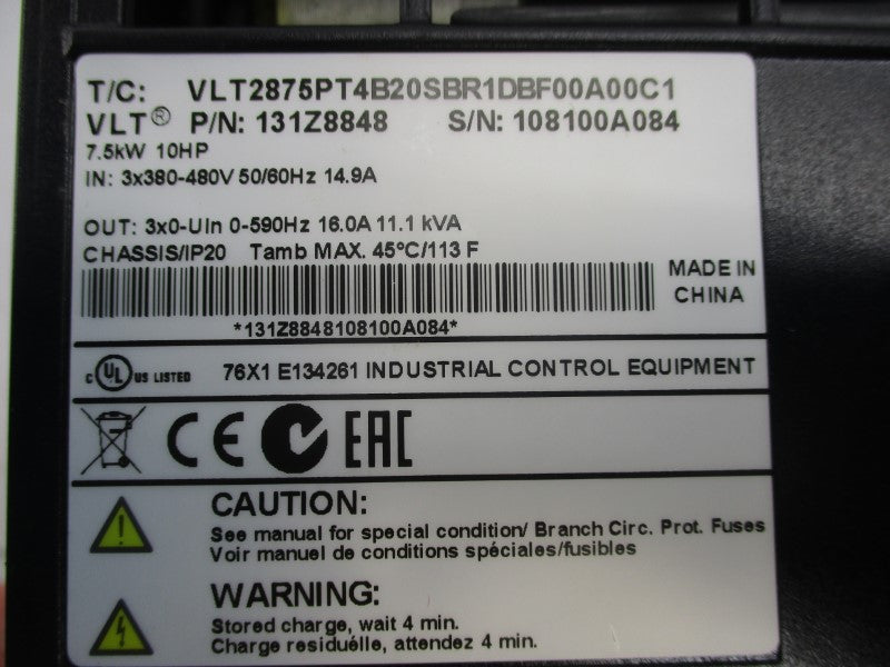 DANFOSS 131Z8848 VLT2875PT4B20SBR1DBF00A00C1 380-480V 14.9A NSMP