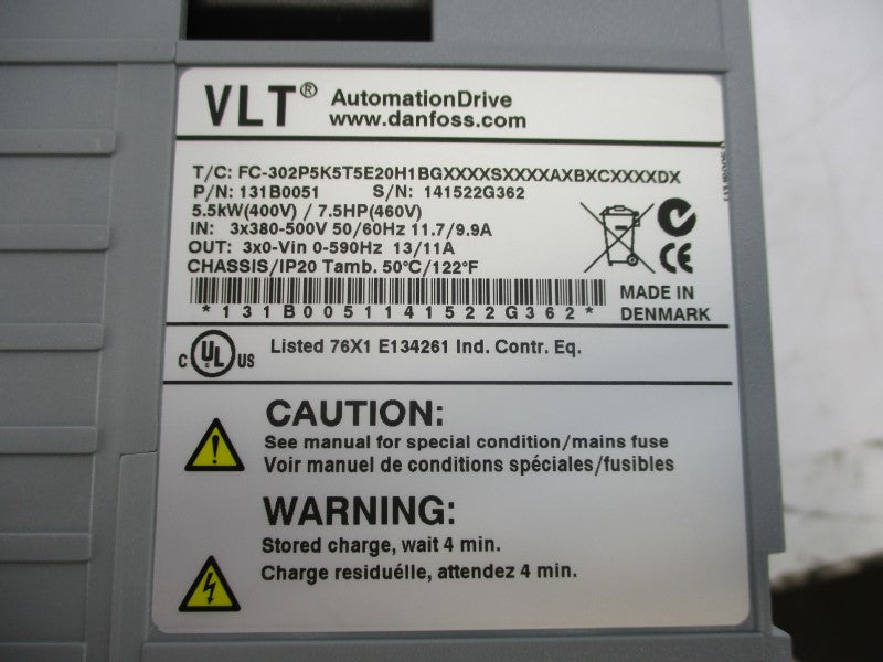 DANFOSS 131B0051 FC-302P5K5T5E20H1BXXXXSXXXXAXBXCXXXXDX 380-500V 11.7/9.9A NSMP