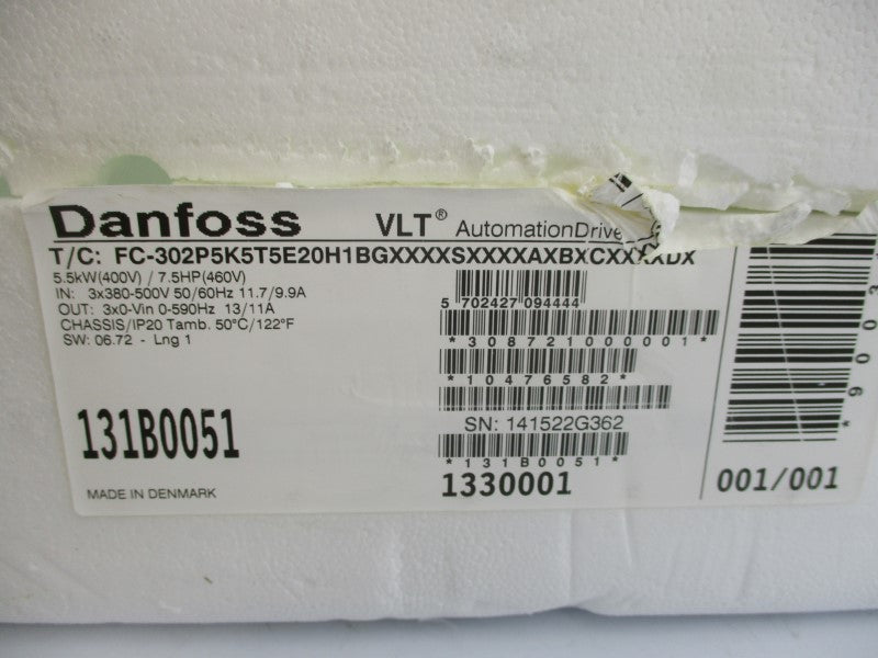 DANFOSS 131B0051 FC-302P5K5T5E20H1BXXXXSXXXXAXBXCXXXXDX 380-500V 11.7/9.9A NSMP