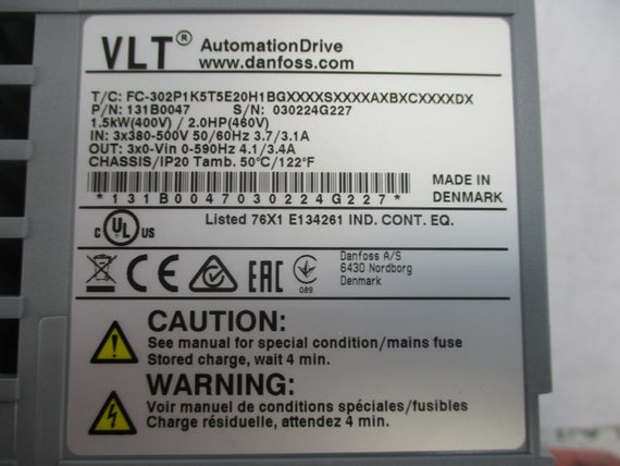 DANFOSS 131B0047 FC-302P1K5T5E20H1BGXXXXSXXXXAXBXCXXXXDX 380-500V 3.7/3.1A NSMP