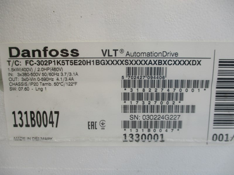DANFOSS 131B0047 FC-302P1K5T5E20H1BGXXXXSXXXXAXBXCXXXXDX 380-500V 3.7/3.1A NSMP
