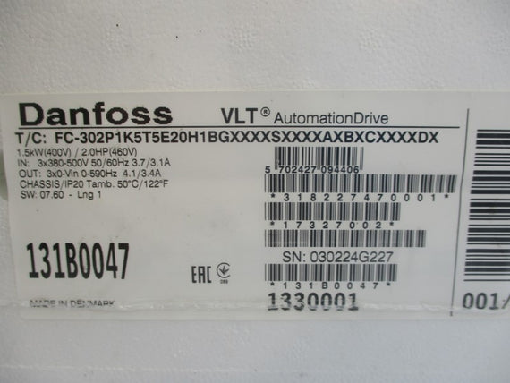 DANFOSS 131B0047 FC-302P1K5T5E20H1BGXXXXSXXXXAXBXCXXXXDX 380-500V 3.7/3.1A NSMP
