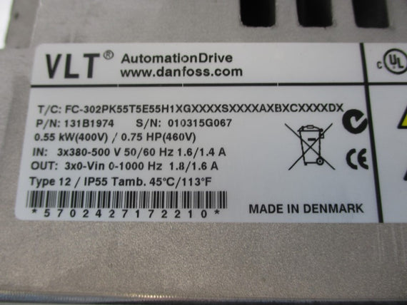 DANFOSS 131B1974 302PK55T5E55H1XGXXXXSXXXXAXBXCXXXXDX 380-500V 1.6/1.4A NSNP