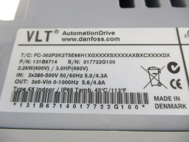 DANFOSS 131B6714 FC-302P2K2T5E66H1XGXXXXSXXXX 380-500V 5.0/4.3A (AS PICTURED) NSNP