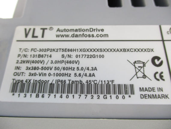 DANFOSS 131B6714 FC-302P2K2T5E66H1XGXXXXSXXXX 380-500V 5.0/4.3A (AS PICTURED) NSNP