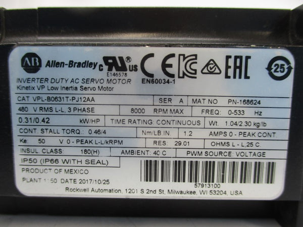 ALLEN BRADLEY VPL-B0631T-PJ12AA SER. A 480V 1.2A NSMP