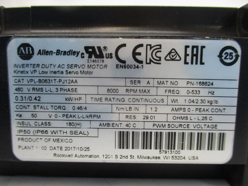ALLEN BRADLEY VPL-B0631T-PJ12AA SER. A 480V 1.2A NSMP