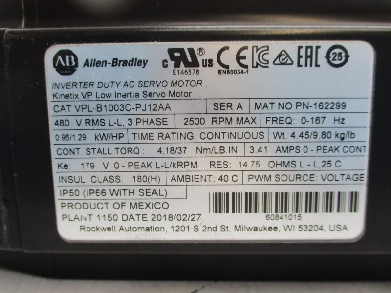 ALLEN BRADLEY VPL-B1003C-PJ12AA SER. A 480V 3.41A NSMP