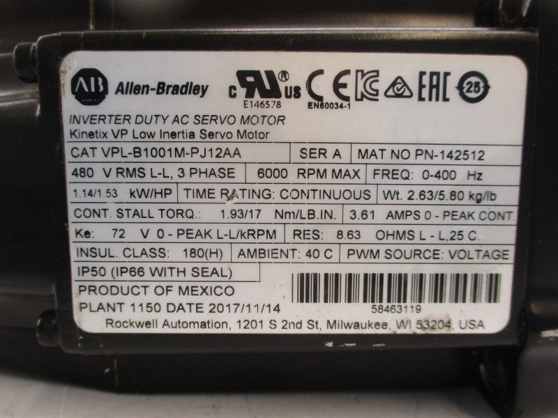 ALLEN BRADLEY VPL-B1001M-PJ12AA SER. A 480V 3.61A NSMP