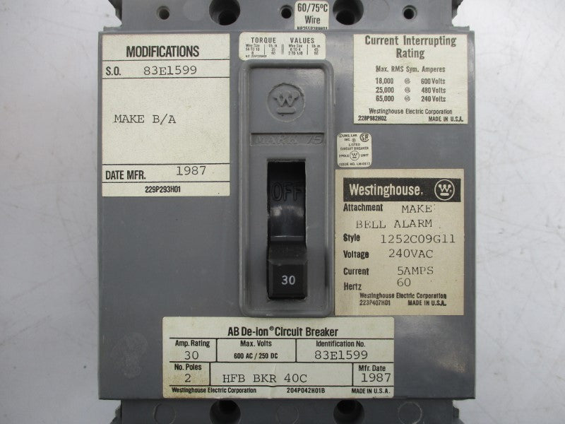 WESTINGHOUSE HFB2030 600VAC 30A NSMP