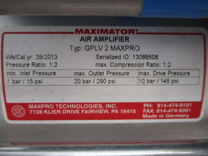MAXIMATOR GPLV 2 290PSI 1:2 RATIO NSNP
