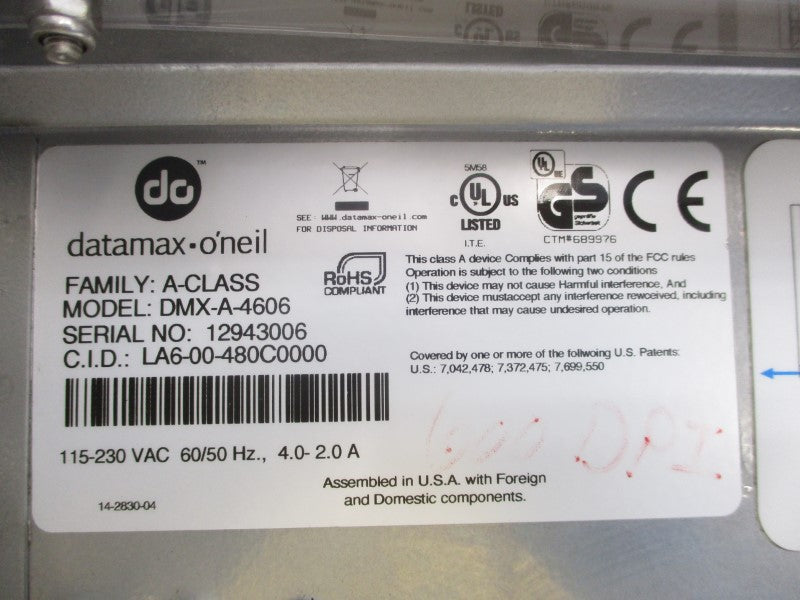 DATAMAX ONEIL DMX-A-4606 115-230VAC 4.0-2.0A (AS PICTURED) UNMP