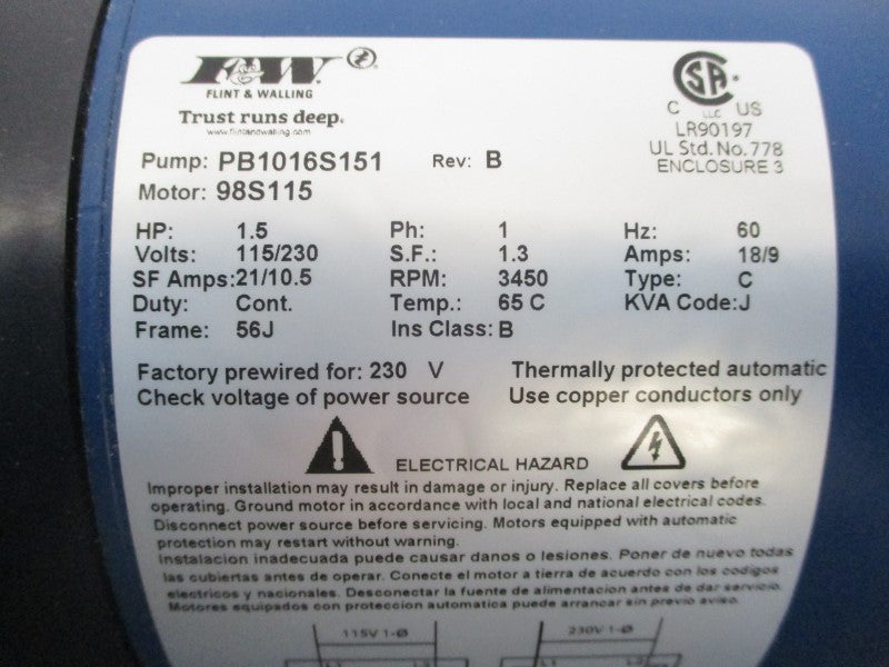 F&W PB1016S151 REV. B 115/230V 21/10.5A NSNP