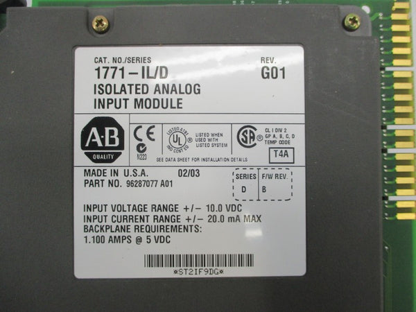 ALLEN BRADLEY 1771-IL SER. D F/W B REV. G01 10.0VDC 1.100A NSMP