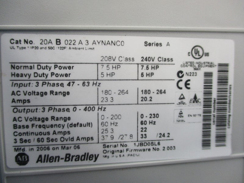 ALLEN BRADLEY 20AB022A3AYNANC0 SER. A  180-264VAC 23.3A NSMP