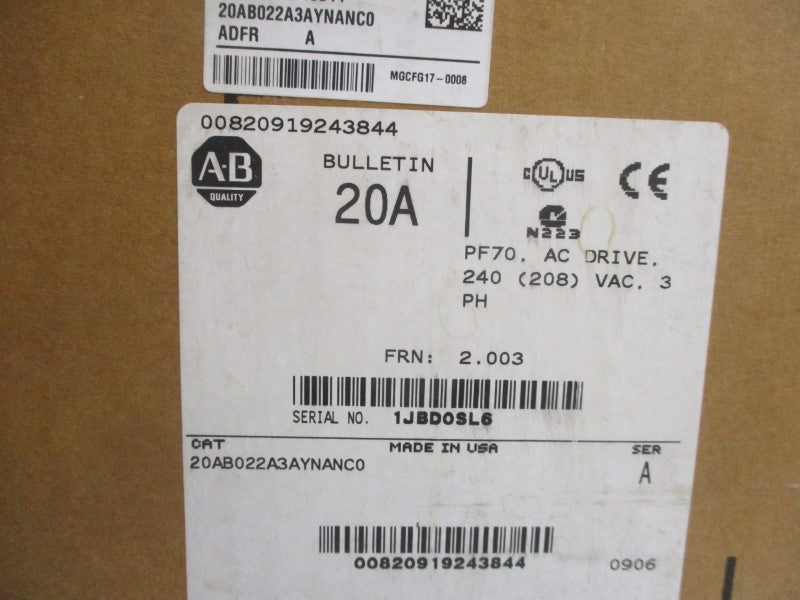 ALLEN BRADLEY 20AB022A3AYNANC0 SER. A  180-264VAC 23.3A NSMP