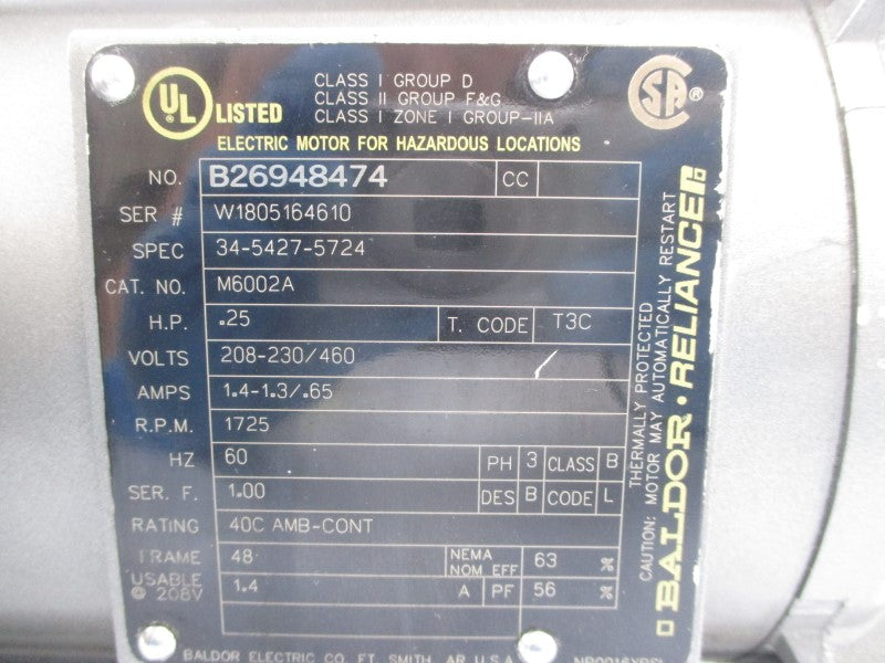 BALDOR M6002A 34-5427-5724 208-230/460V 1.4-1.3/.65A NSMP