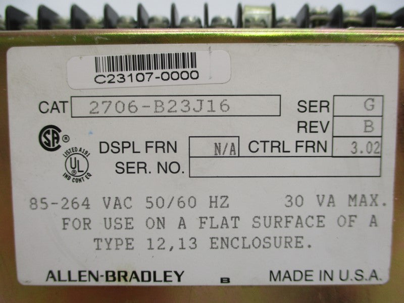 ALLEN BRADLEY 2706-B23J16 SER. G F/W 3.02 264VAC REV. B  UNMP