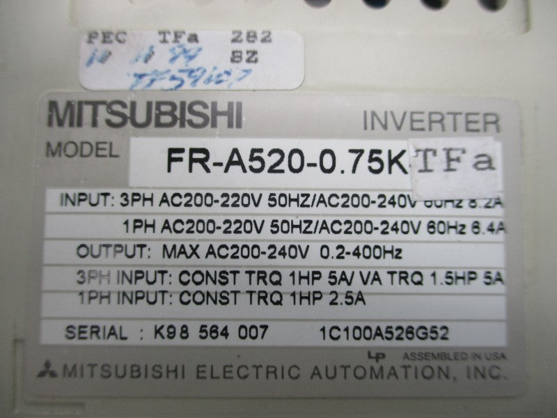 MITSUBISHI FR-A520-0.75K-TFA 200-240V 8.2/6.4 UNMP