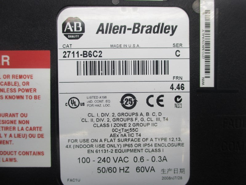 ALLEN BRADLEY 2711-B6C2 SER. C 100-240VAC 0.6-0.3A F/W 4.46 NSNP