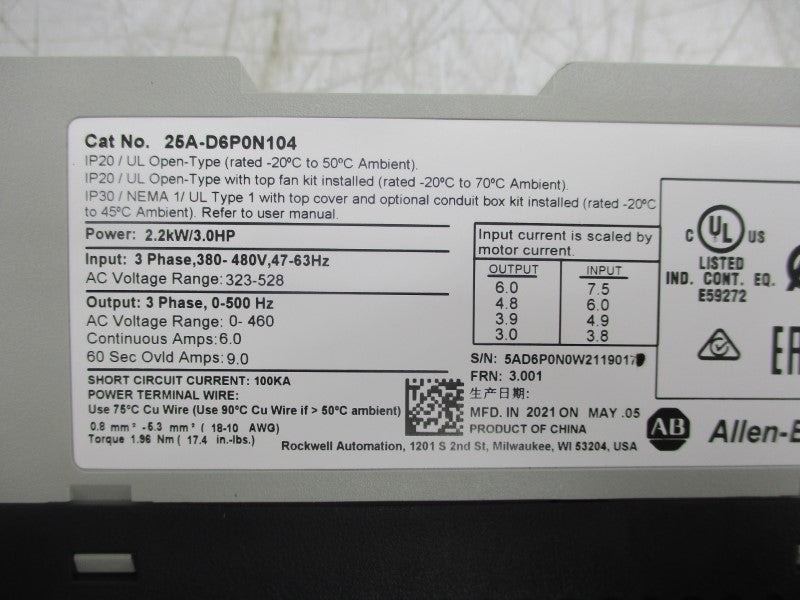 ALLEN BRADLEY 25A-D6P0N104 SER. B 323-528V 6.0-9.0A NSMP