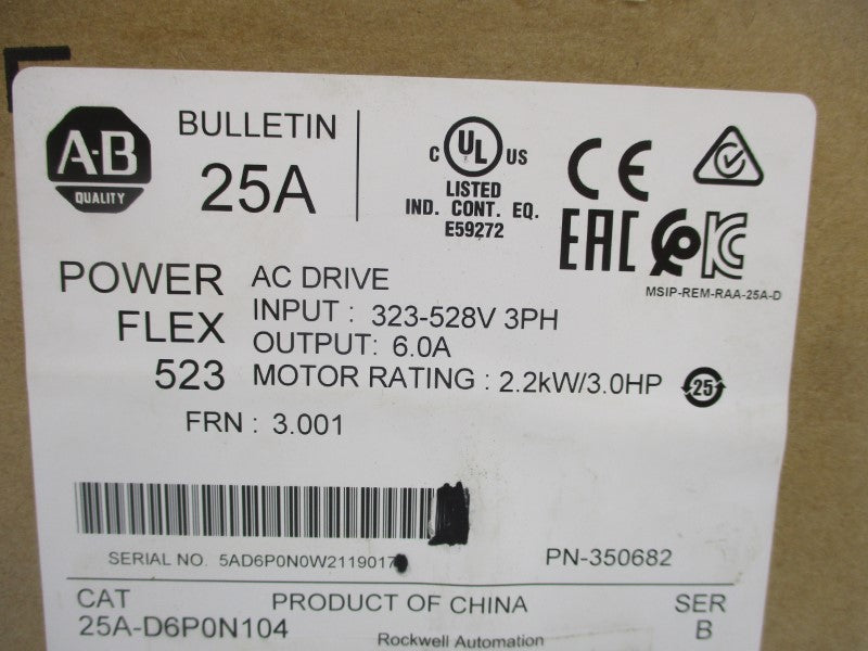 ALLEN BRADLEY 25A-D6P0N104 SER. B 323-528V 6.0-9.0A NSMP