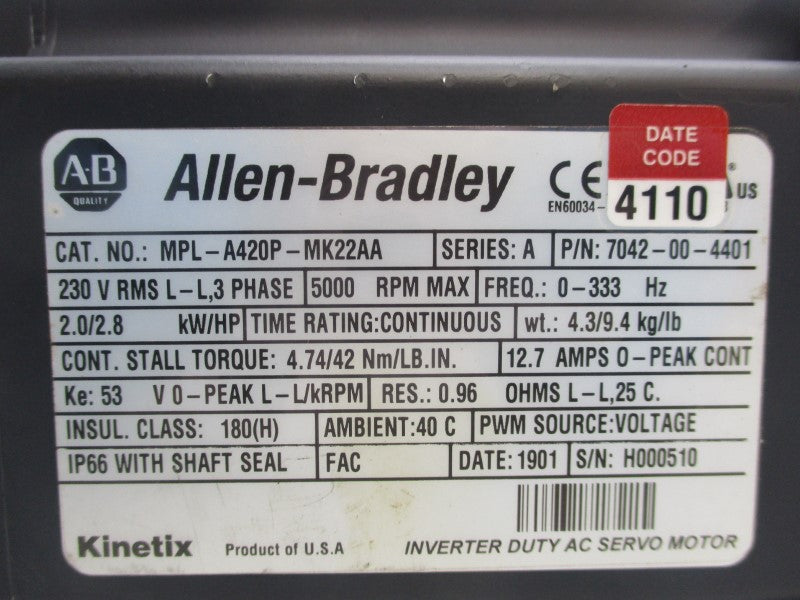 ALLEN BRADLEY MPL-A420P-MK22AA SER. A 230V 12.7A UNMP