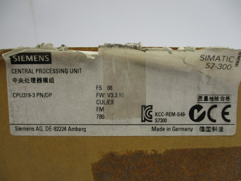 SIEMENS 6ES7318-3EL01-0AB0 CPU319-3PN/DP F/W V3.2.10 (AS PICTURED) NSMP