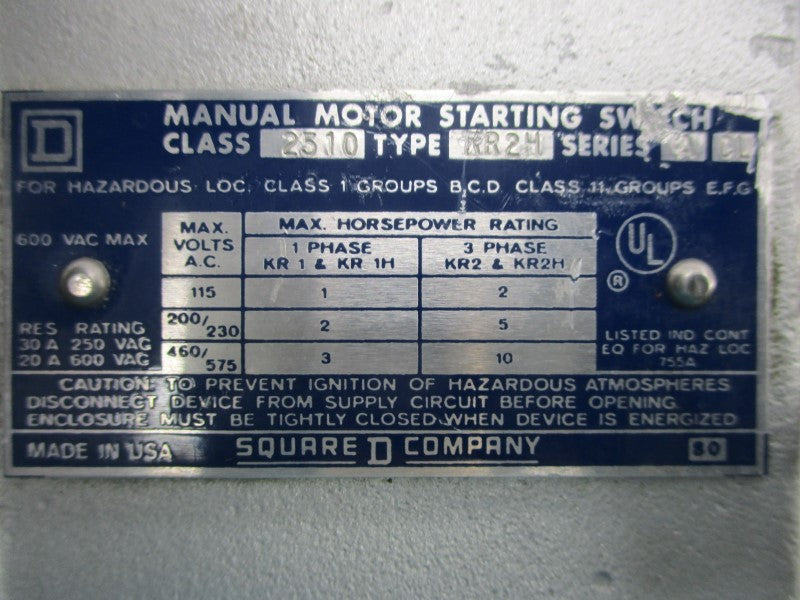 SQUARE D 2510KR2H 600VAC 20A SER.A UNMP