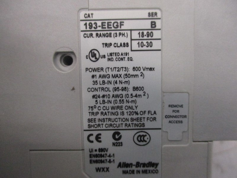 ALLEN BRADLEY 193-EEGF SER. B 600V 18-90A NSMP
