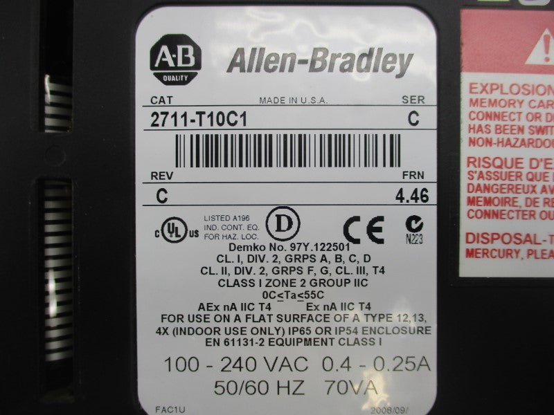 ALLEN BRADLEY 2711-T10C1 SER. C 100-240VAC 0.4-0.25A F/W 4.46 REV. C REMAN