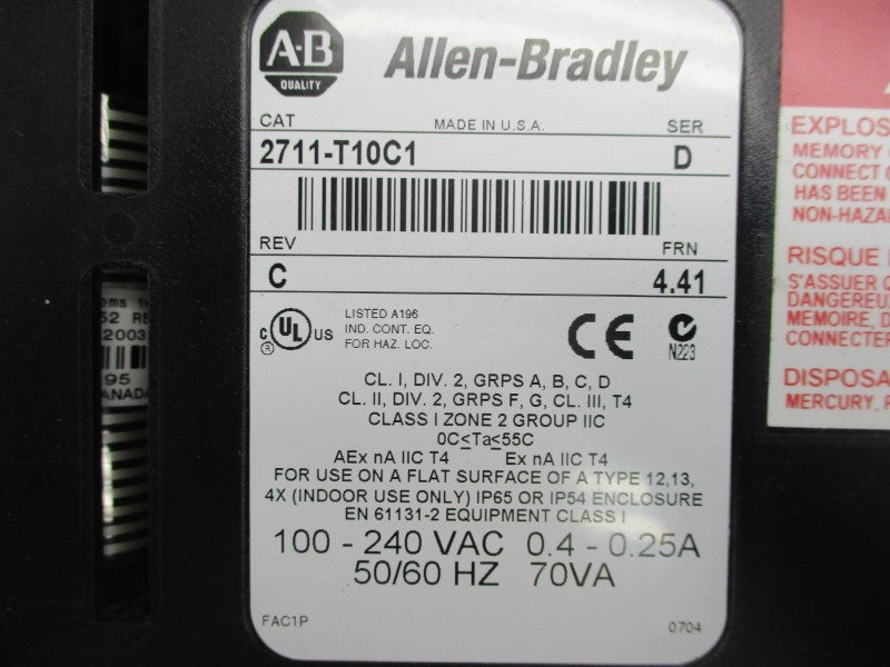 ALLEN BRADLEY 2711-T10C1 SER. D 100-240VAC 0.4-0.25A REV C F/W 4.41 UNMP