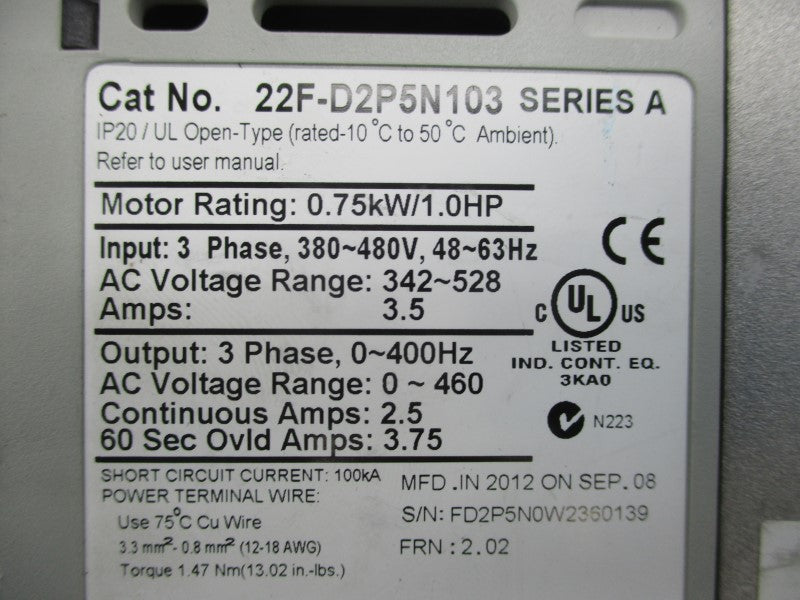ALLEN BRADLEY 22F-D2P5N103 SER. A 380-480V 3.5A F/W 2.02 (AS PICTURED) UNMP