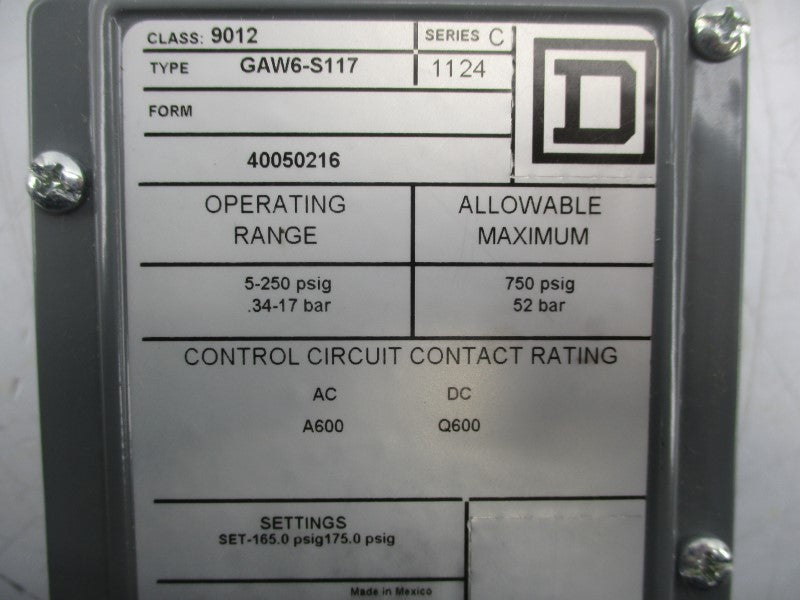 SQUARE D 9012GAW6-S117 SER. C 600V 750PSI NSNP