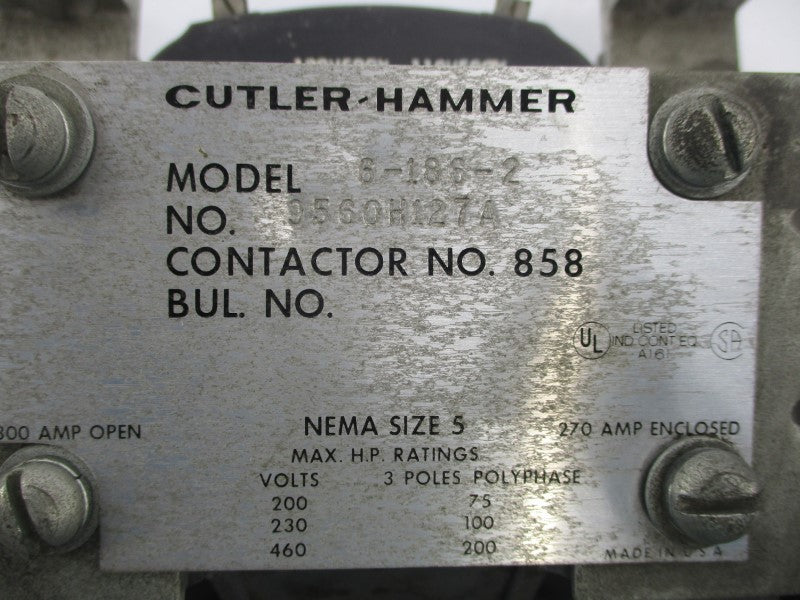 CUTLER HAMMER 6-186-2 9560H127A 460V 270A UNMP
