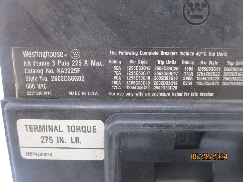 WESTINGHOUSE KA3225F 2602D86G02 600VAC 225A NSMP