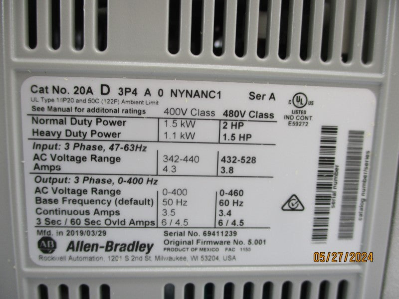 ALLEN BRADLEY 20AD3P4A0NYNANC1 SER. A 432-528VAC 3.8A F/W 5.001 NSMP