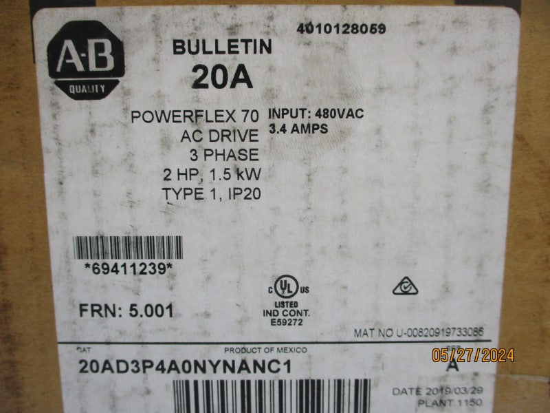 ALLEN BRADLEY 20AD3P4A0NYNANC1 SER. A 432-528VAC 3.8A F/W 5.001 NSMP