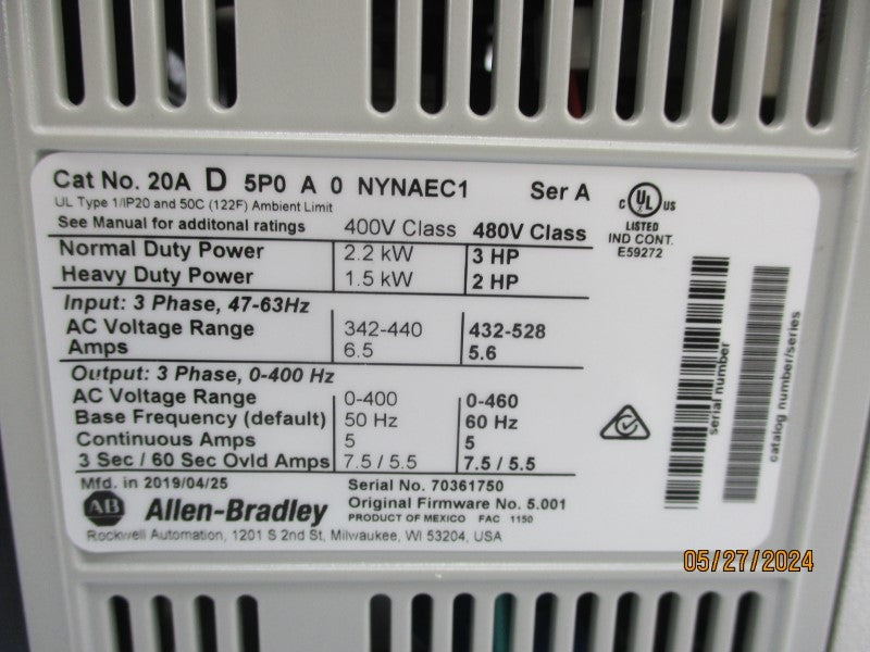ALLEN BRADLEY 20AD5P0A0NYNAEC1 SER. A 432-528VAC 5.6A F/W 5.001 NSMP