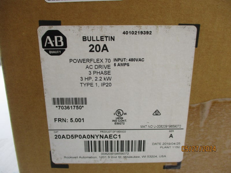 ALLEN BRADLEY 20AD5P0A0NYNAEC1 SER. A 432-528VAC 5.6A F/W 5.001 NSMP