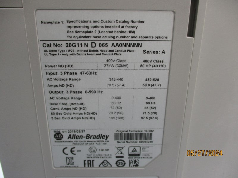 ALLEN BRADLEY 20G11ND065AA0NNNNN SER. A 432-528V 70.5A F/W 14.002 NSMP