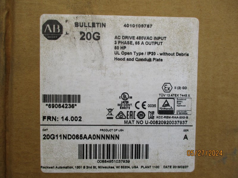 ALLEN BRADLEY 20G11ND065AA0NNNNN SER. A 432-528V 70.5A F/W 14.002 NSMP