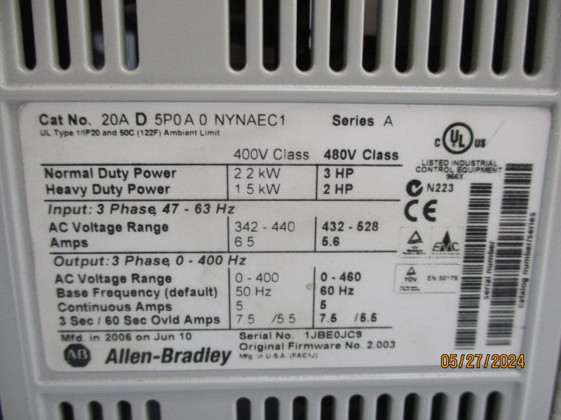 ALLEN BRADLEY 20AD5P0A0NYNAEC1 SER. A 480V 6.5A F/W 2.003 NSNP