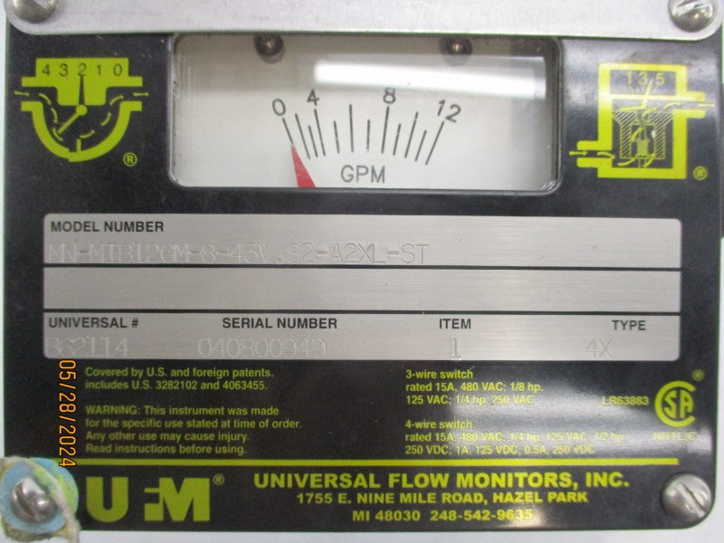 UNIVERSAL FLOW MONITORS MN-MIB12GM-8-43V.82-A2XL-ST 480VAC 15.A NSNP
