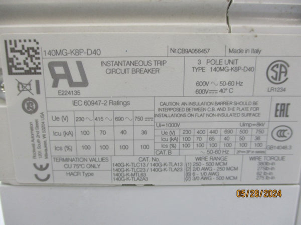 ALLEN BRADLEY 140MG-K8P-D40 SER. A 600V 400A NSMP