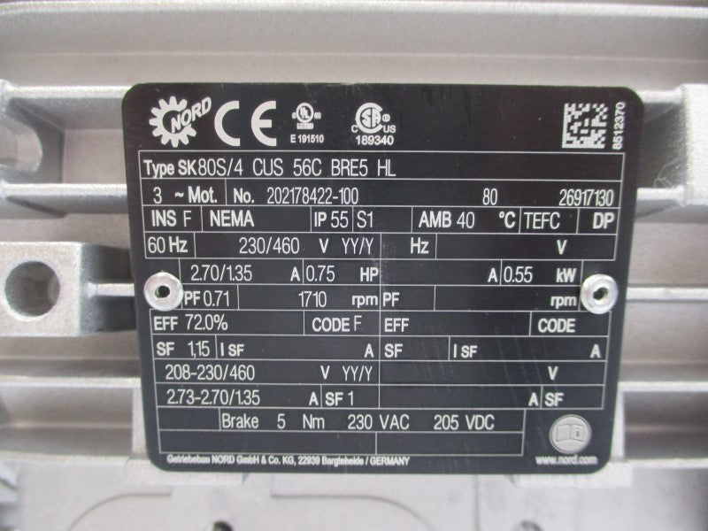 NORD SK80S/4CUS56CBRE5HL 202178422-100 460V 2.70A NSNP