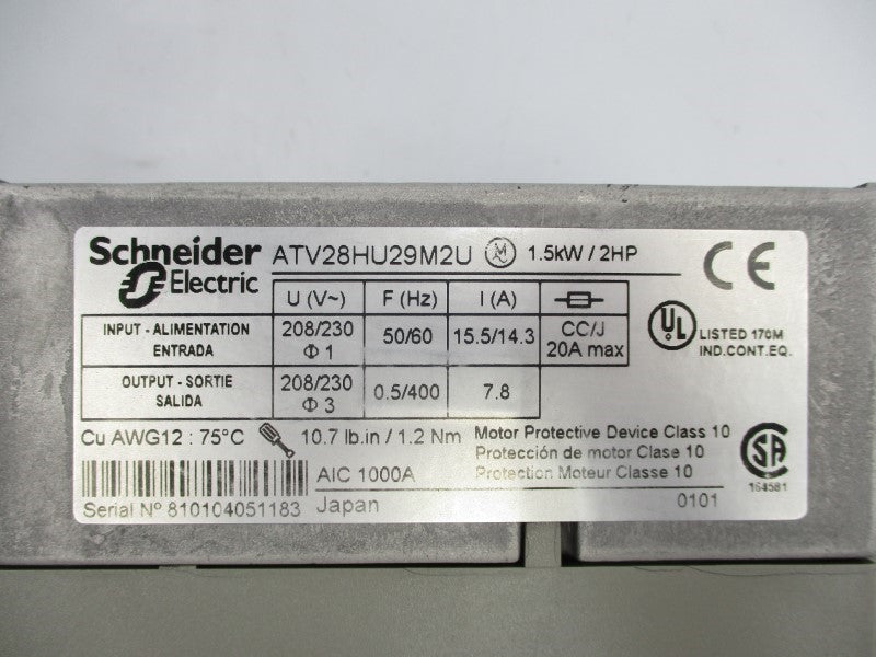SCHNEIDER ELECTRIC ATV28HU29M2U 208/230V 15.5/14.3A UNMP
