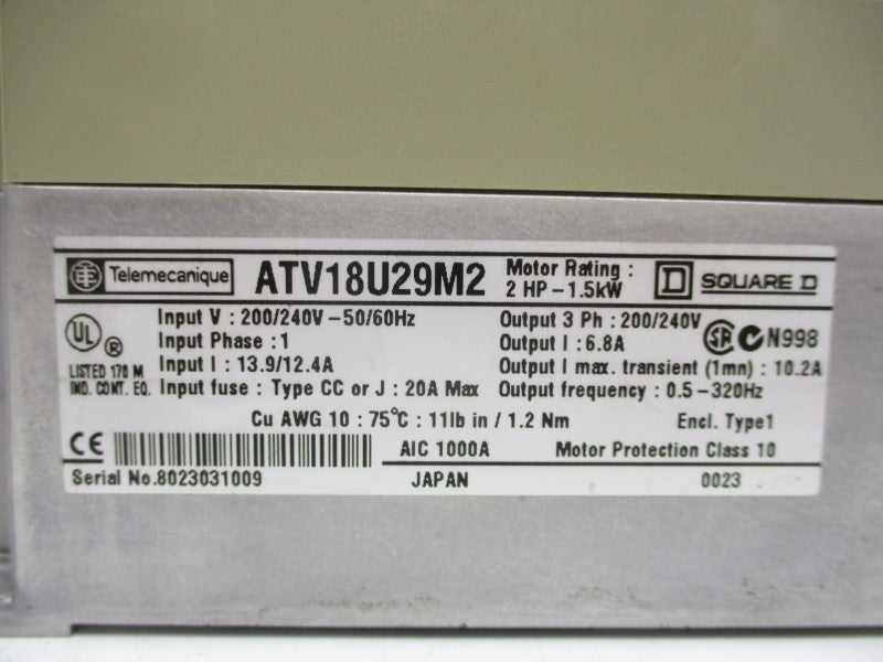 SQUARE D ATV18U29M2 200/240V 13.9/12.4A UNMP