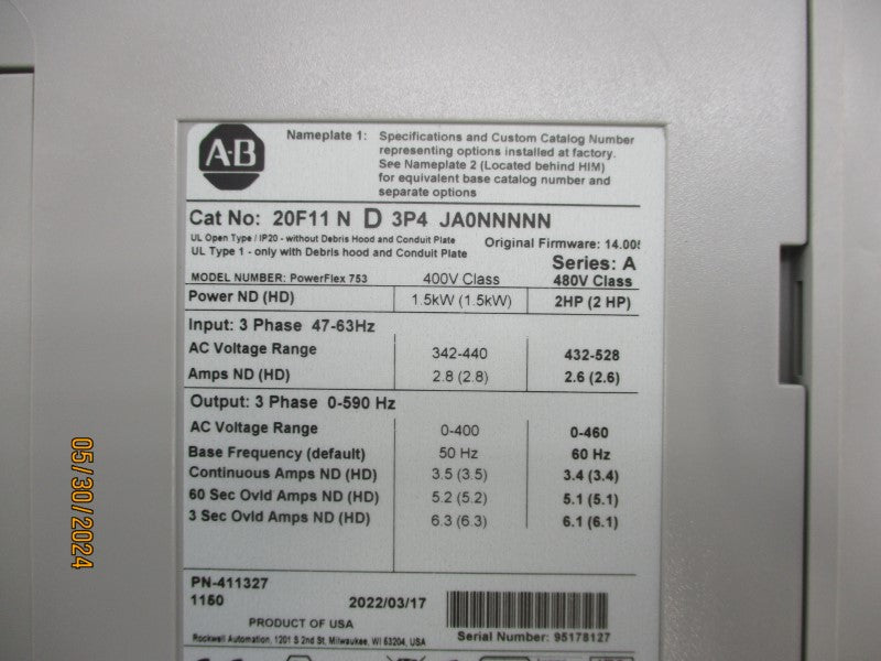 ALLEN BRADLEY 20F11ND3P4JA0NNNNN SER. A 342-440VAC F/W 14.005 NSMP